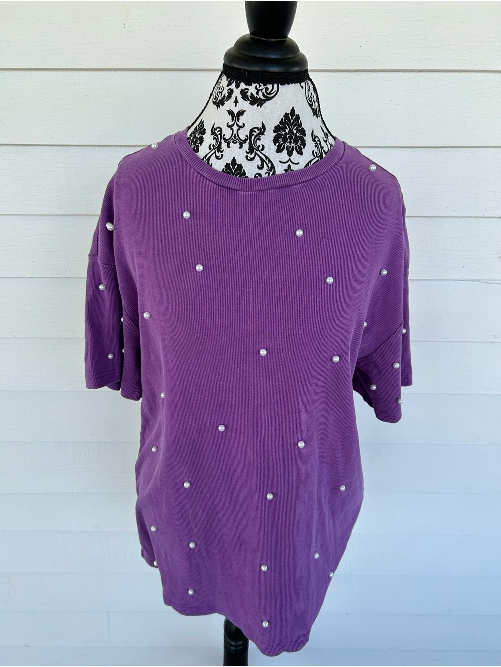 SHEIN Lavender Ribbed Short Sleeve Top with Pearls